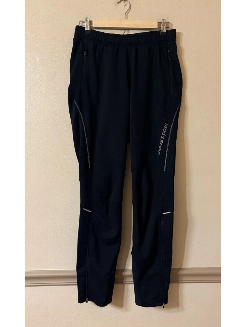 Showers Pass Fleece Lined Track Pants Leg Zipper Reflective Detail Size M Black